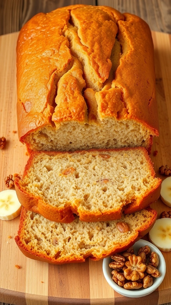A sliced loaf of banana bread on a cutting board with bananas and walnuts.